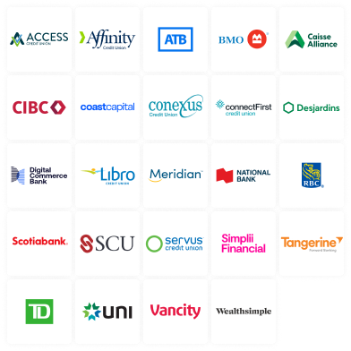 Affinity Credit Union, Alberta Treasury Branches, BMO Financial Group, Caisse Alliance, CIBC Canadian Imperial Bank of Commerce, Coast Capital Savings, Conexus Credit Union, connectFirst, Desjardins Group (Caisses Populaires), Digital Commerce Bank, Libro Credit Union, Meridian Credit Union, National Bank of Canada, RBC Royal Bank, Scotiabank, Servus Credit Union, Simplii Financial, Steinbach Credit Union, Tangerine, TD Bank Group, UNI, Vancity, Wealthsimple