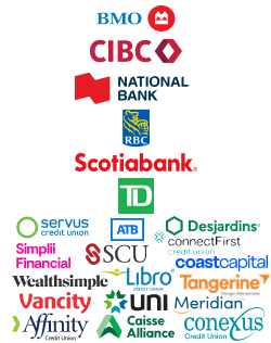 Affinity Credit Union, Alberta Treasury Branches, BMO Financial Group, Caisse Alliance, CIBC Canadian Imperial Bank of Commerce, Coast Capital Savings, Conexus Credit Union, connectFirst, Desjardins Group (Caisses Populaires), Libro Credit Union, Meridian Credit Union, National Bank of Canada, RBC Royal Bank, Scotiabank, Servus Credit Union, Simplii Financial, Steinbach Credit Union, Tangerine, TD Bank Group, UNI, Vancity, Wealthsimple